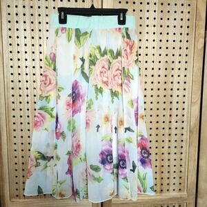 Lapis Skirt Fit-Flared Floral Paneled Elasic Waist/Drawstring Tie Size S